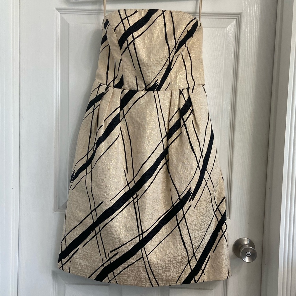 Anthropologie Strapless Cream Dress with Black Brushstroke Print